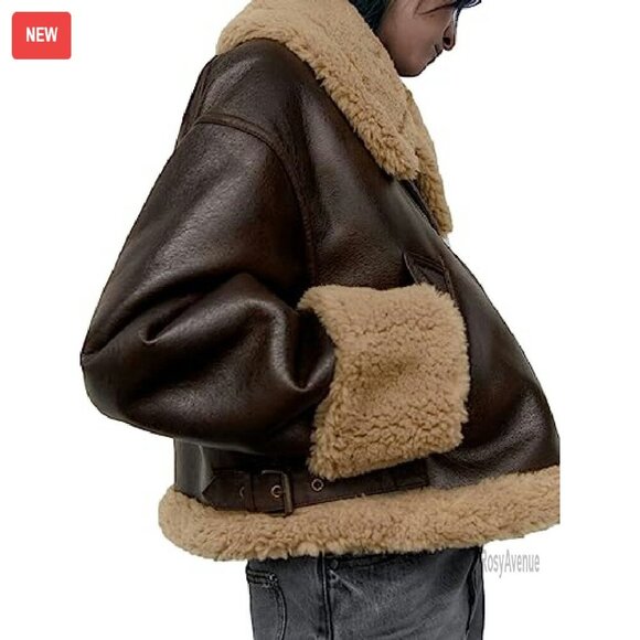 Large Faux Leather Biker Jacket with Sherpa Lining, Winter Coat - Picture 5 of 8